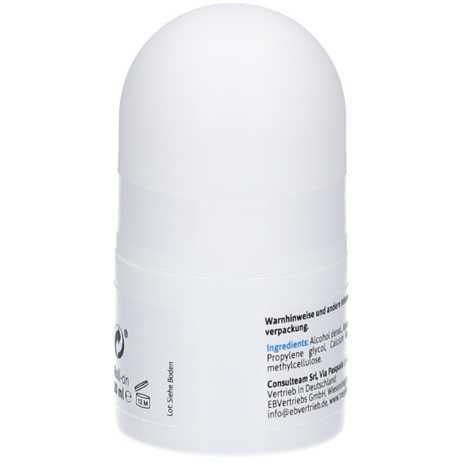 Weißer Roll-on-Deo-Roller. Rückseite mit Informationen. Aufschrift: Consultteam Srl, Vertrieb in Deutschland. Inhaltsstoffe.