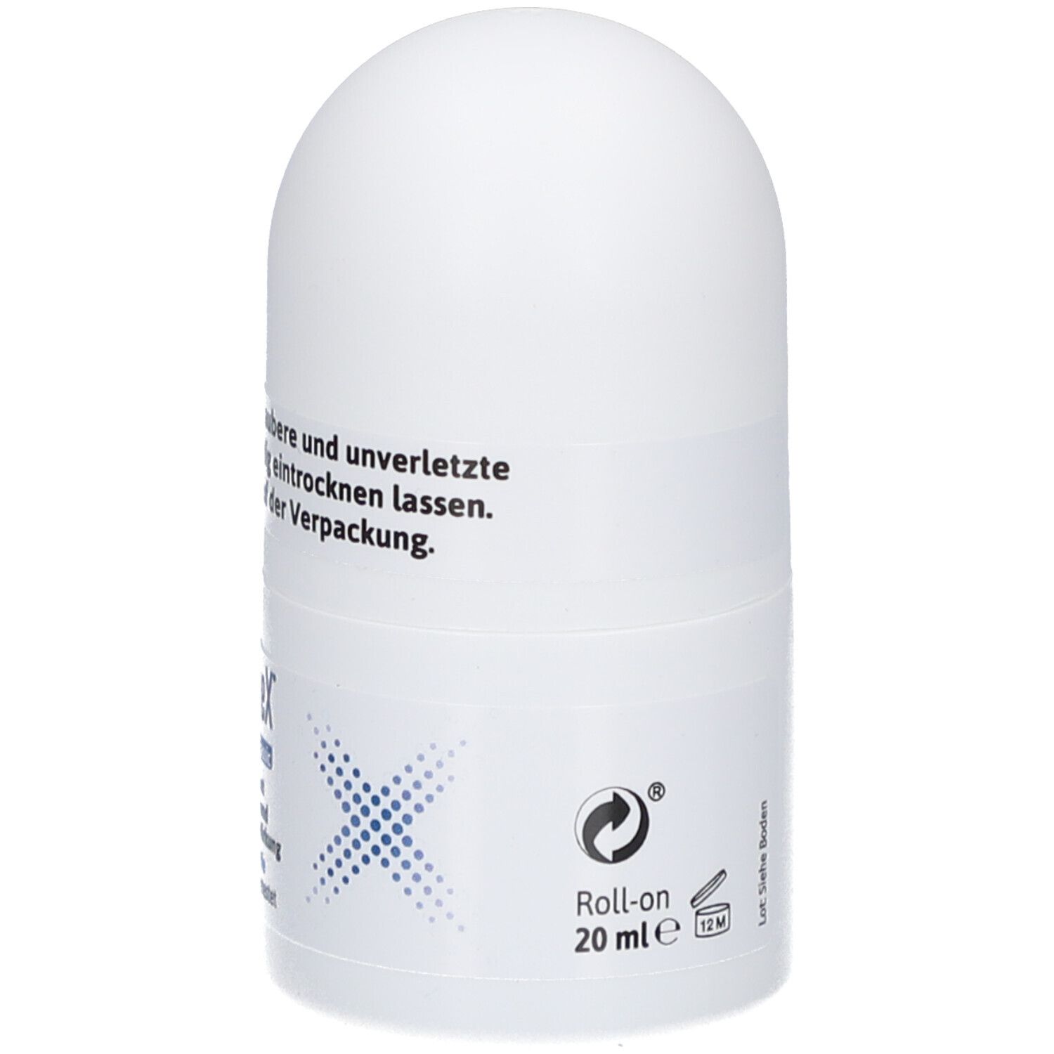 Weißer Roll-on-Deo-Roller. Aufschrift: TraspireX Classic. Roll-on 20 ml. Recycling-Symbol.