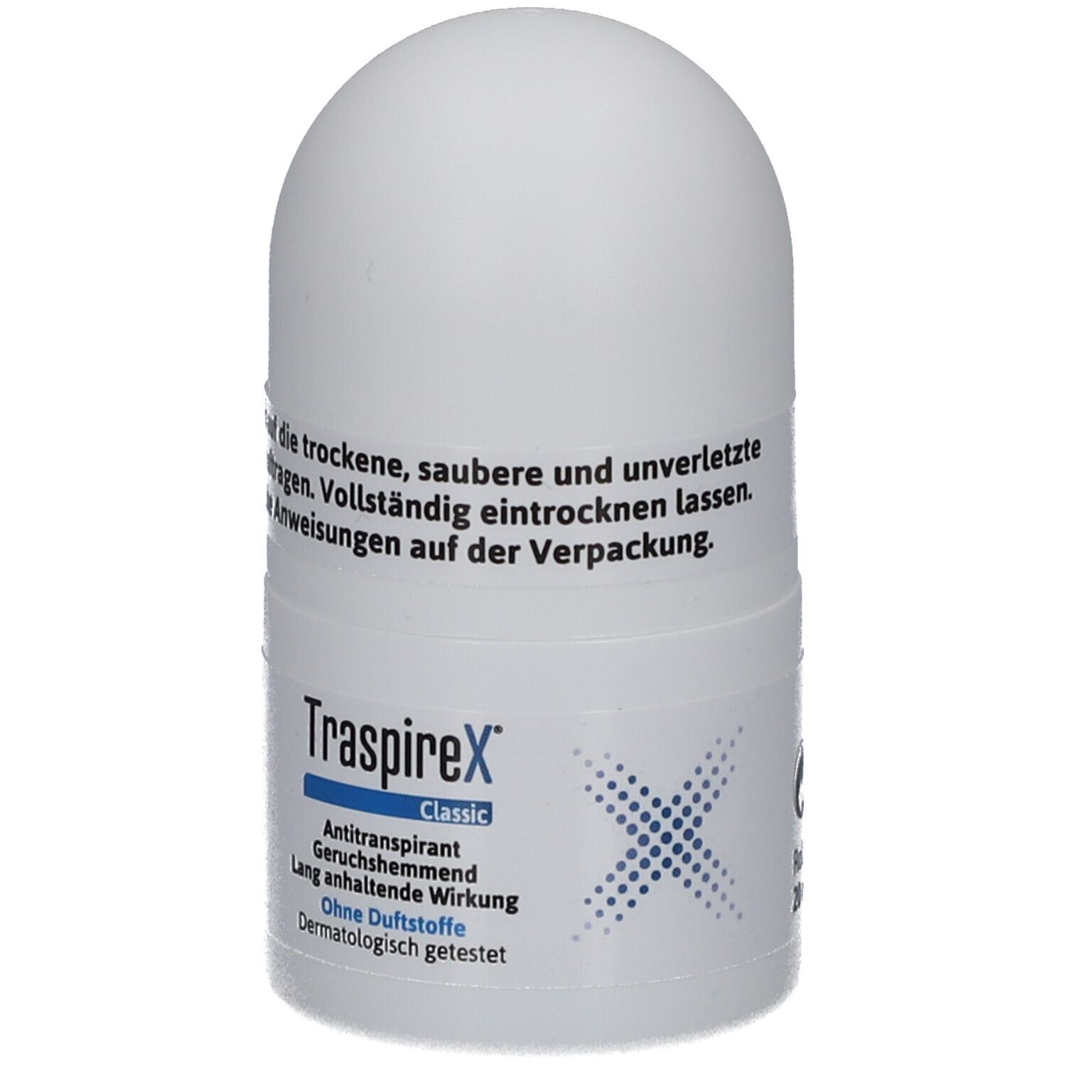 Weißer Roll-on-Deo-Roller. Aufschrift: TraspireX Classic Antitranspirant. Ohne Duftstoffe. Dermatologisch getestet. Blaue X-Grafik.