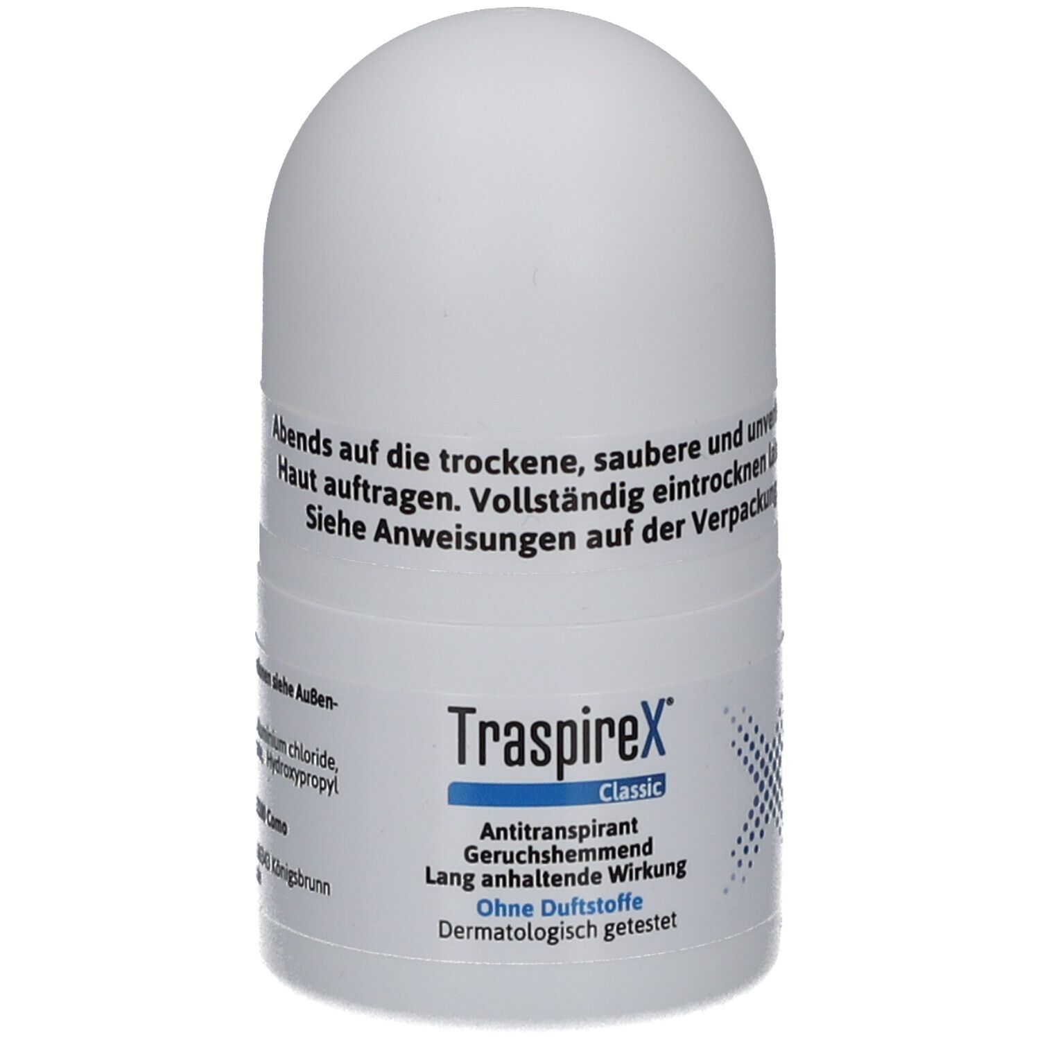 Weißer Roll-on-Deo-Roller. Aufschrift: TraspireX Classic Antitranspirant. Ohne Duftstoffe. Dermatologisch getestet. Blaue X-Grafik.