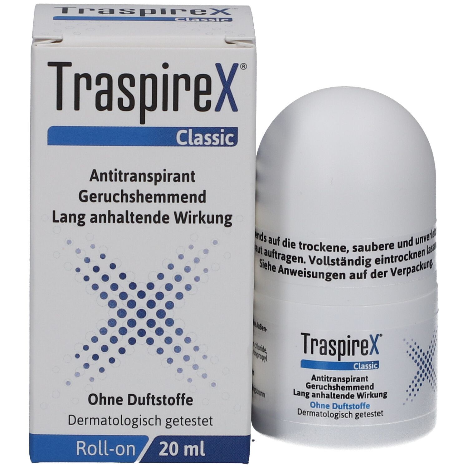Produktverpackung und Roll-on-Deo-Roller. Aufschrift: TraspireX Classic Antitranspirant. Ohne Duftstoffe. 20 ml.