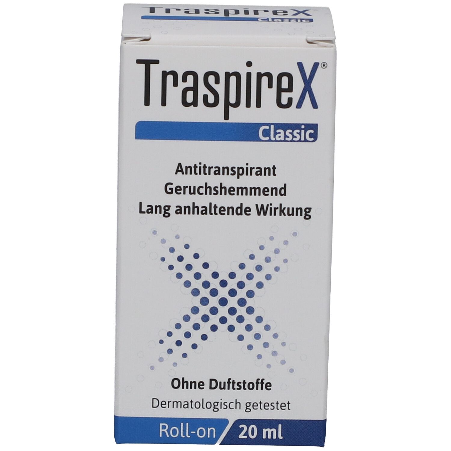 Produktverpackung. Aufschrift: TraspireX Classic Antitranspirant. Ohne Duftstoffe. 20 ml. Blaue X-Grafik.