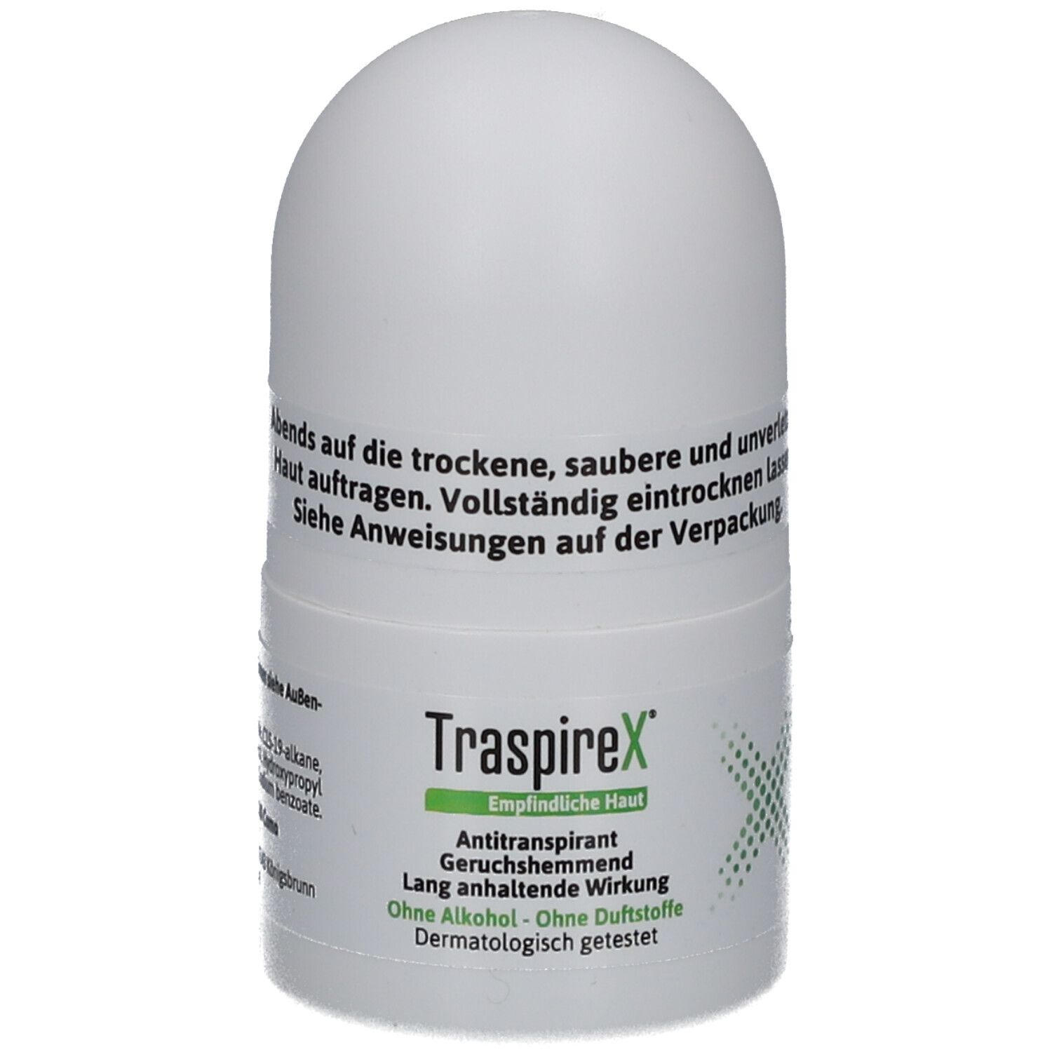 Weißer Roll-on-Deo mit grünem Etikett. Text: TraspireX, Empfindliche Haut, Antitranspirant, geruchshemmend, ohne Alkohol, ohne Duftstoffe.