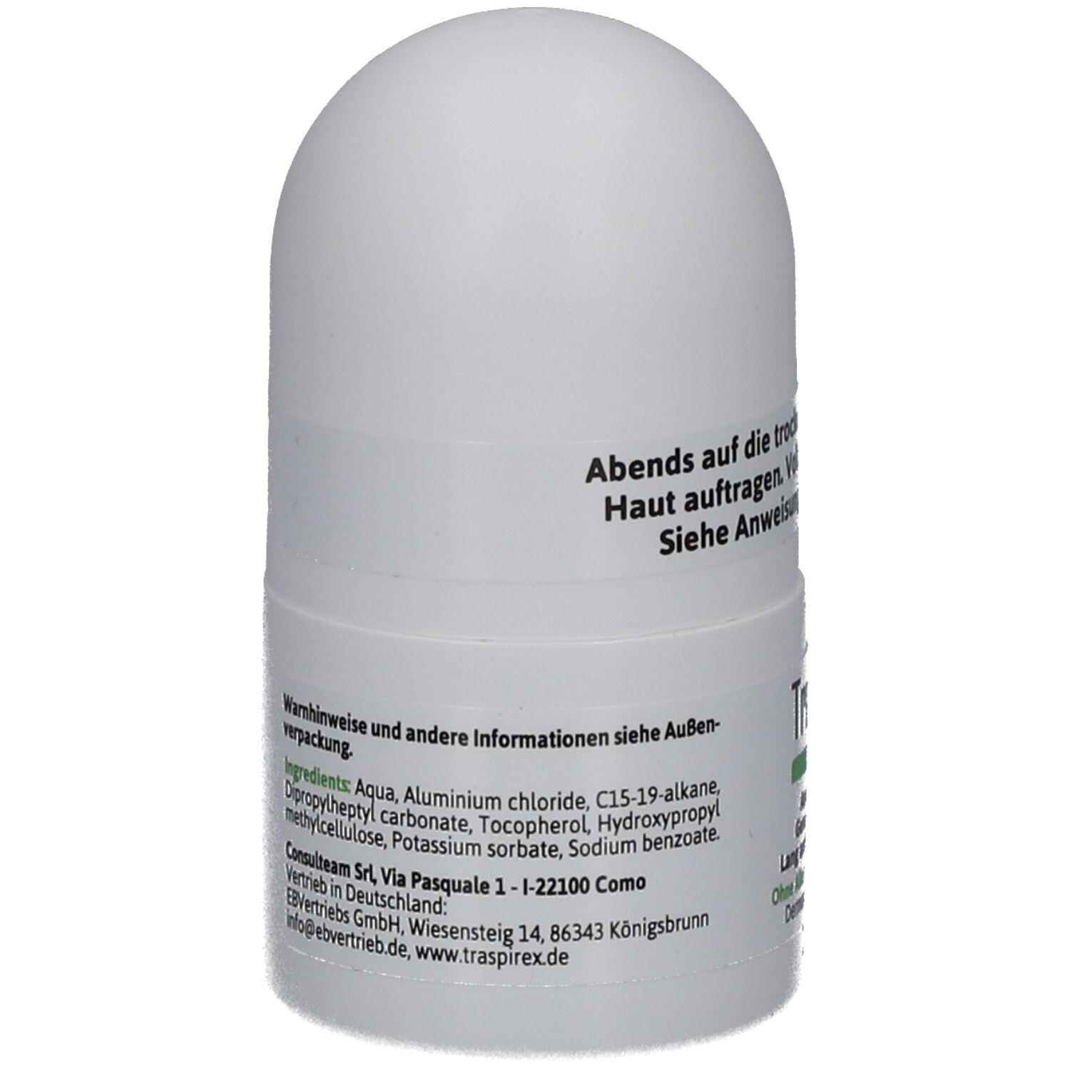 Weißer Roll-on-Deo. Rückseite mit Text: Inhaltsstoffe, Warnhinweise, Vertrieb. Text: TraspireX, Empfindliche Haut, ohne Alkohol, ohne Duftstoffe.