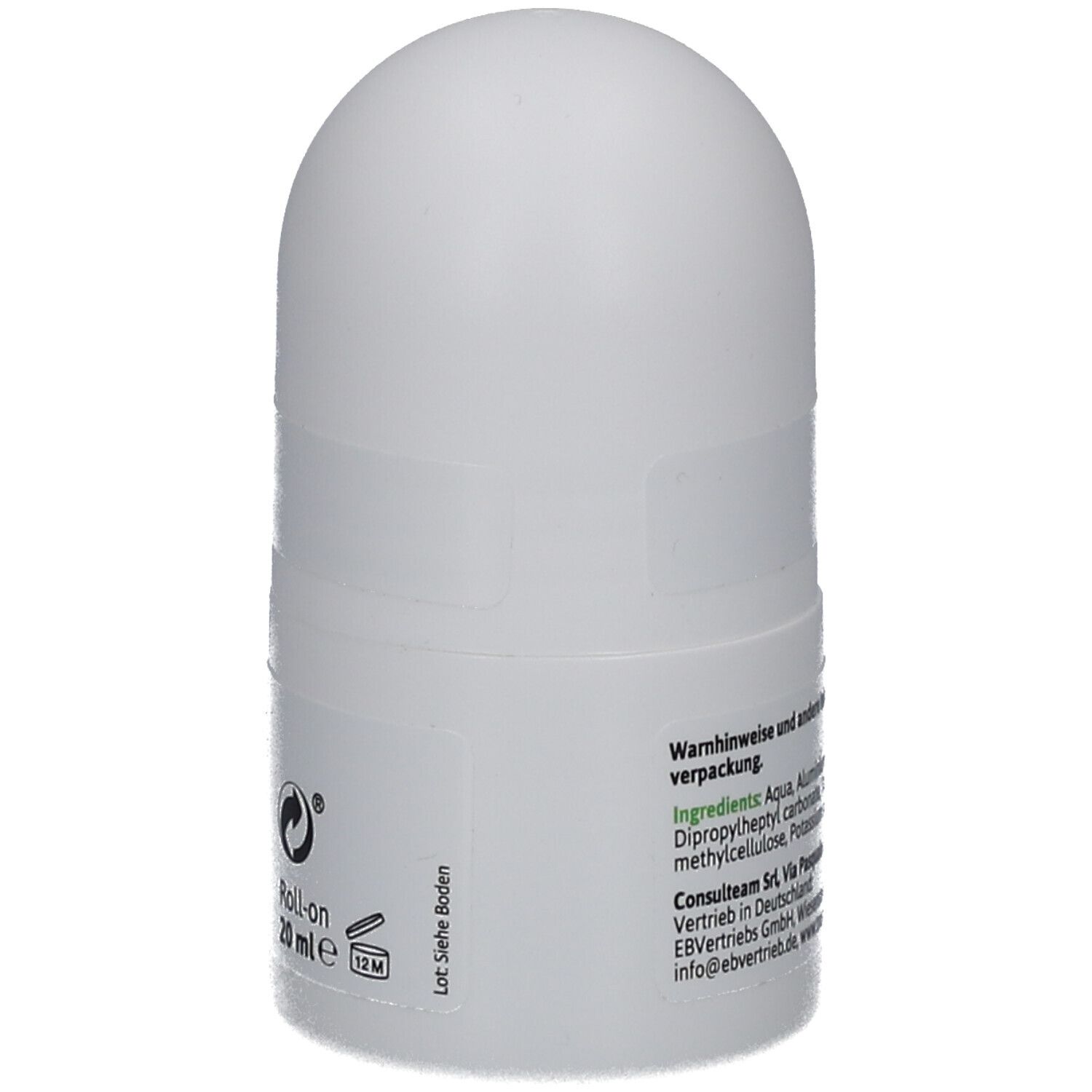 Weißer Roll-on-Deo. Aufdruck: 20 ml, Roll-on. Text: TraspireX, Empfindliche Haut, ohne Alkohol, ohne Duftstoffe.