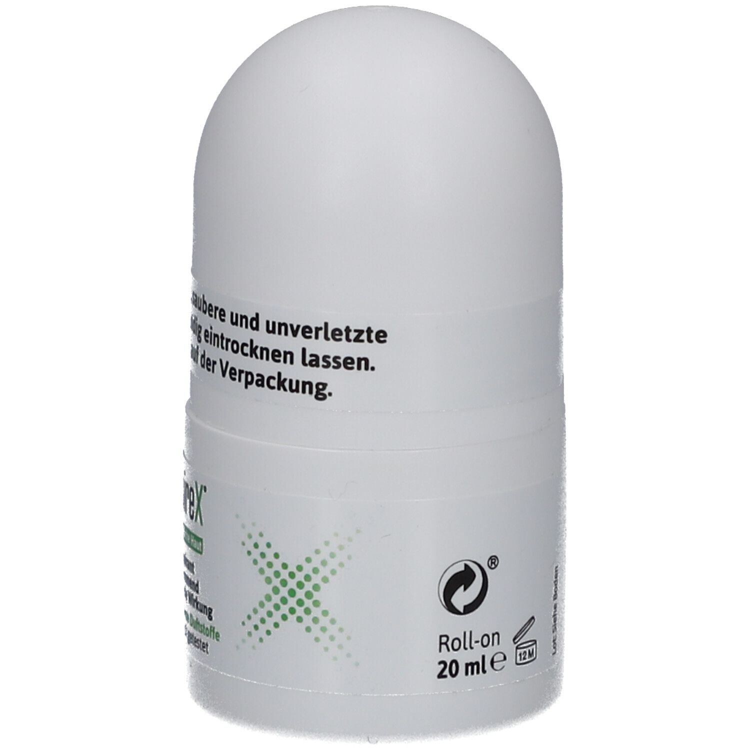 Weißer Roll-on-Deo. Aufdruck: 20 ml, Roll-on. Text: TraspireX, Empfindliche Haut, Antitranspirant, geruchshemmend, ohne Alkohol, ohne Duftstoffe.