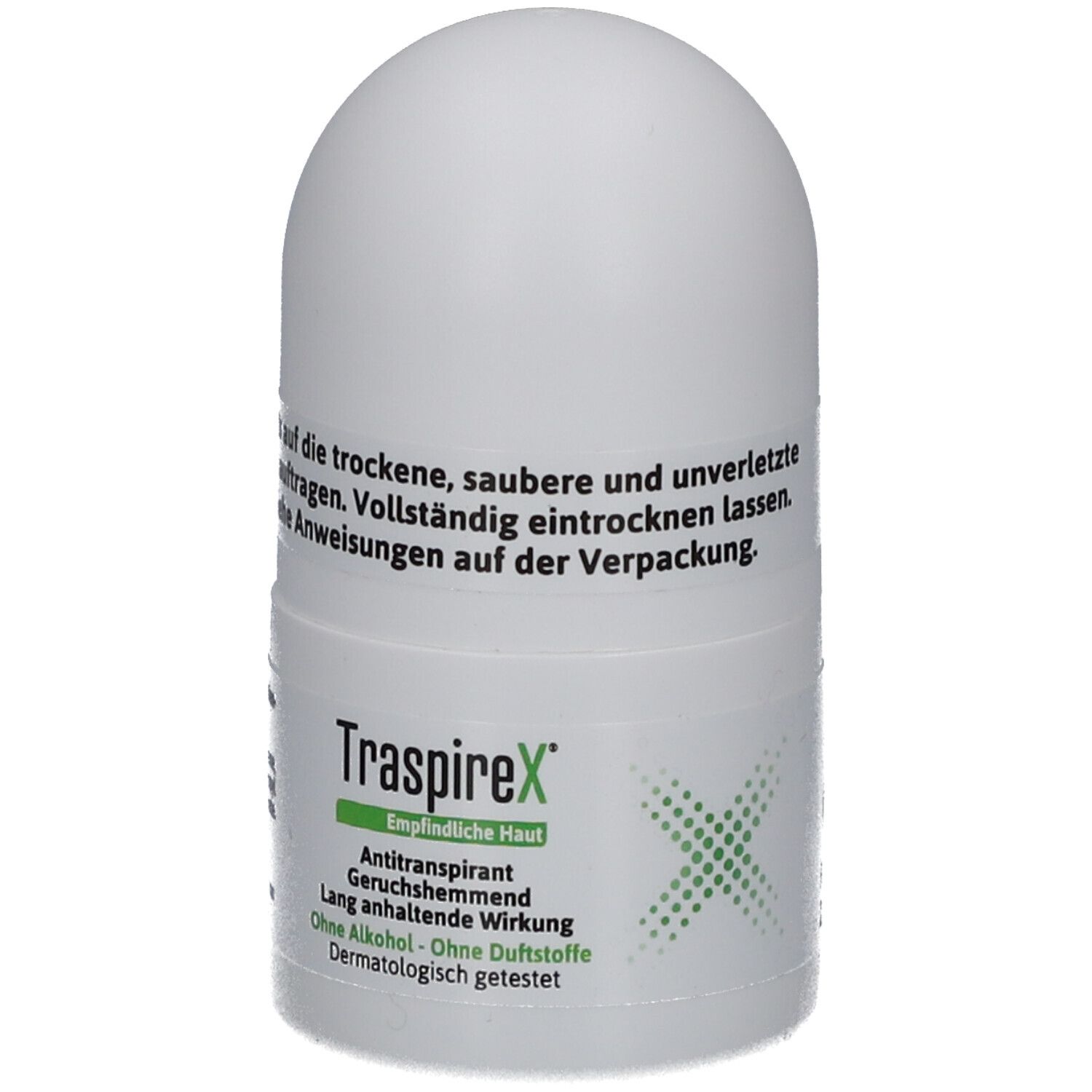 Weißer Roll-on-Deo. Text: TraspireX, Empfindliche Haut, Antitranspirant, geruchshemmend, ohne Alkohol, ohne Duftstoffe, dermatologisch getestet.