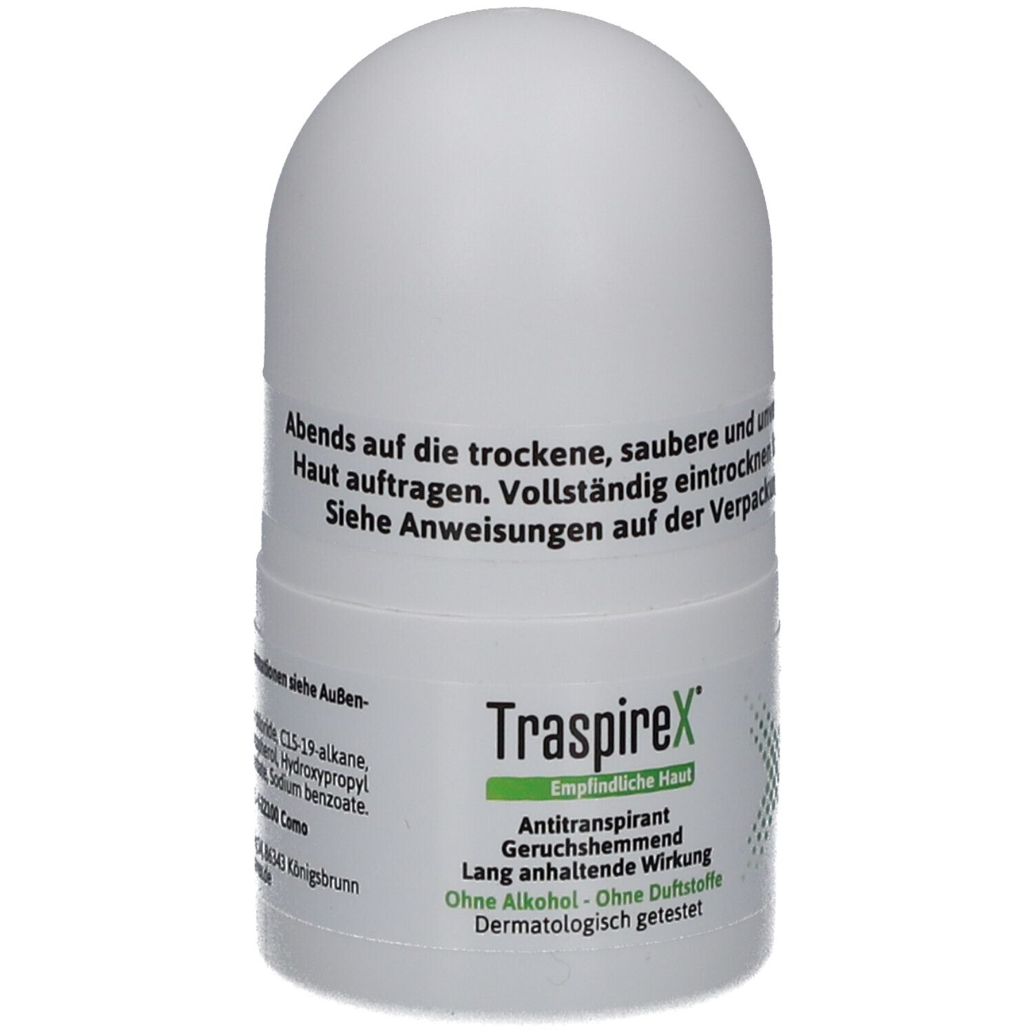 Weißer Roll-on-Deo. Text: TraspireX, Empfindliche Haut, Antitranspirant, geruchshemmend, ohne Alkohol, ohne Duftstoffe, dermatologisch getestet.