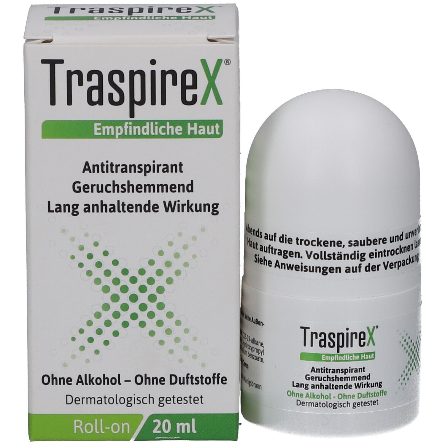 Produktverpackung und Roll-on-Deo. Verpackung: TraspireX, Empfindliche Haut, Antitranspirant, ohne Alkohol, ohne Duftstoffe, 20 ml.