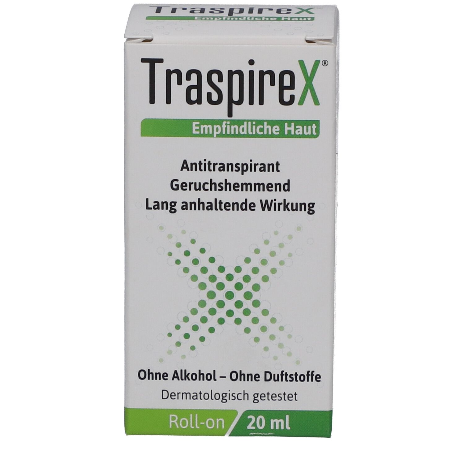 Produktverpackung. Text: TraspireX, Empfindliche Haut, Antitranspirant, geruchshemmend, ohne Alkohol, ohne Duftstoffe, 20 ml.
