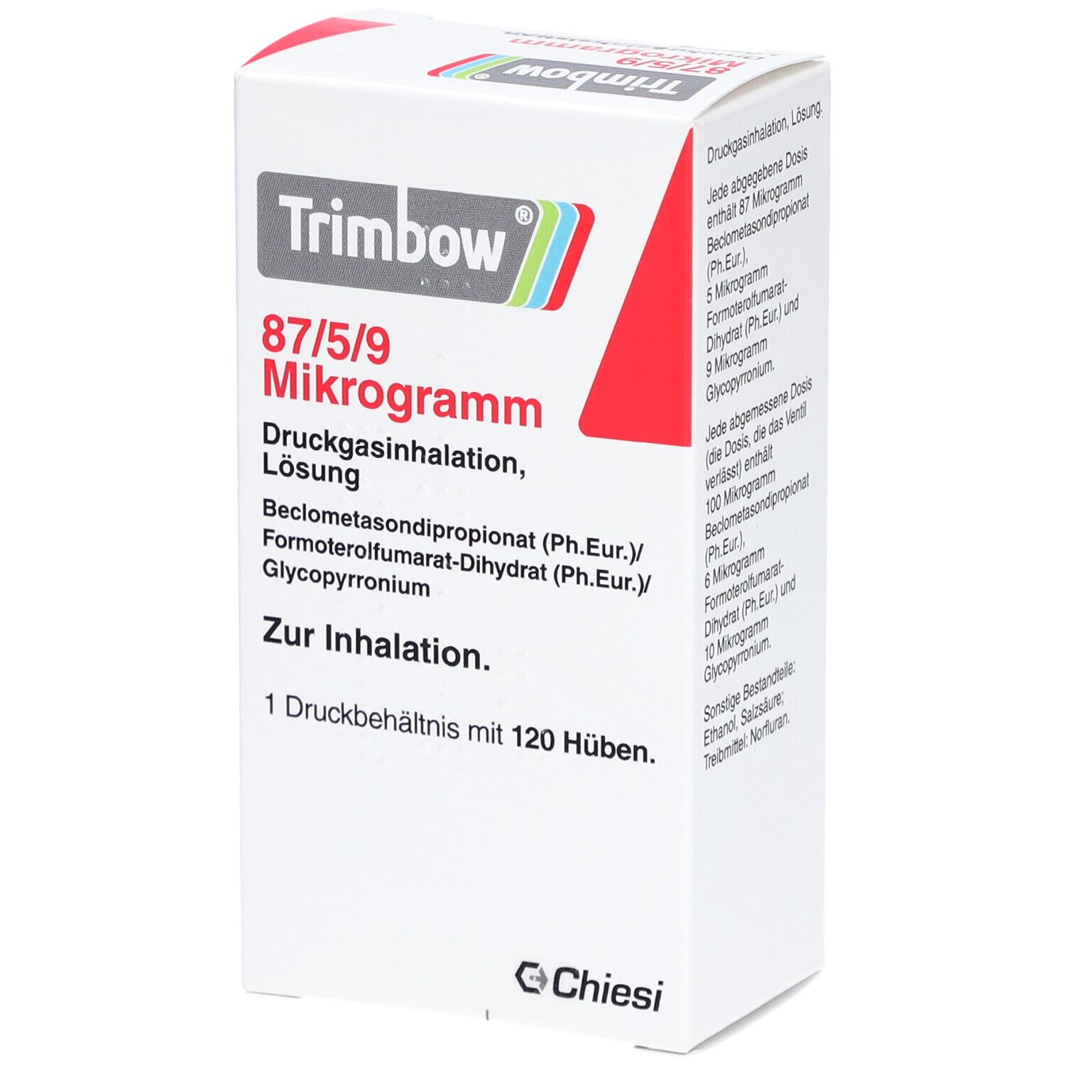 Weißer Karton mit Produktinformationen. Aufschrift: Trimbow 87/5/9 Mikrogramm. Druckgasinhalation, Lösung. 120 Hübe.