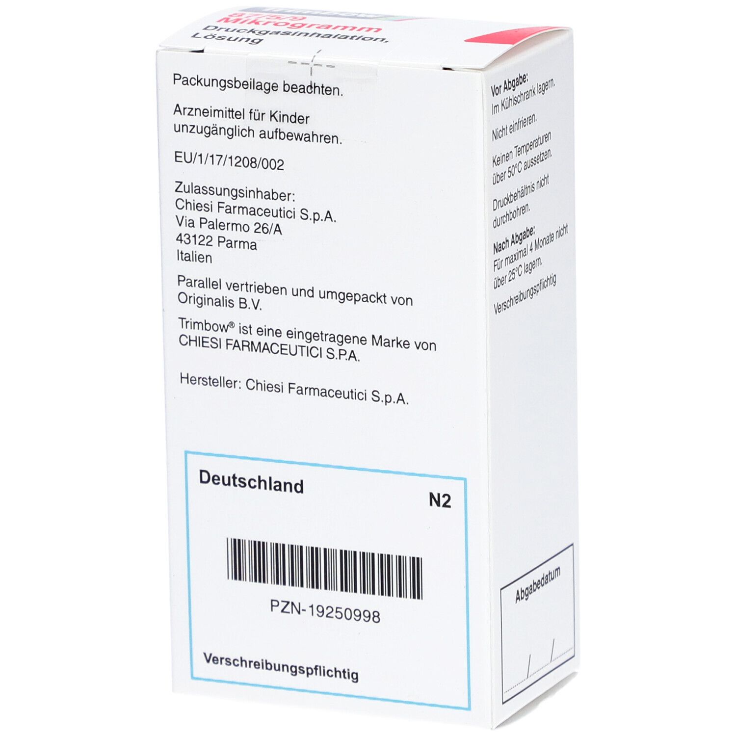 Weißer Karton, Seitenansicht. Text: Trimbow, Zulassungsinformationen, Hersteller Chiesi. Barcode und PZN-Nummer.