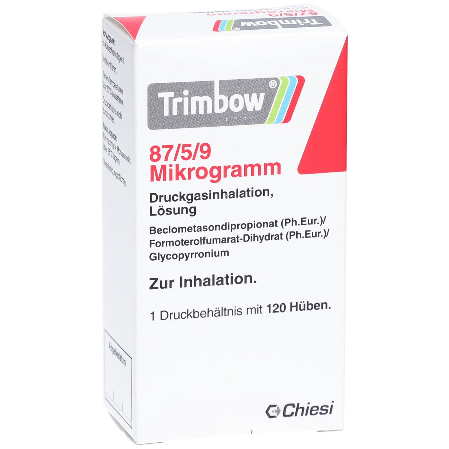 Weißer Karton, Vorderansicht. Aufschrift: Trimbow 87/5/9 Mikrogramm. Druckgasinhalation, Lösung. 120 Hübe.