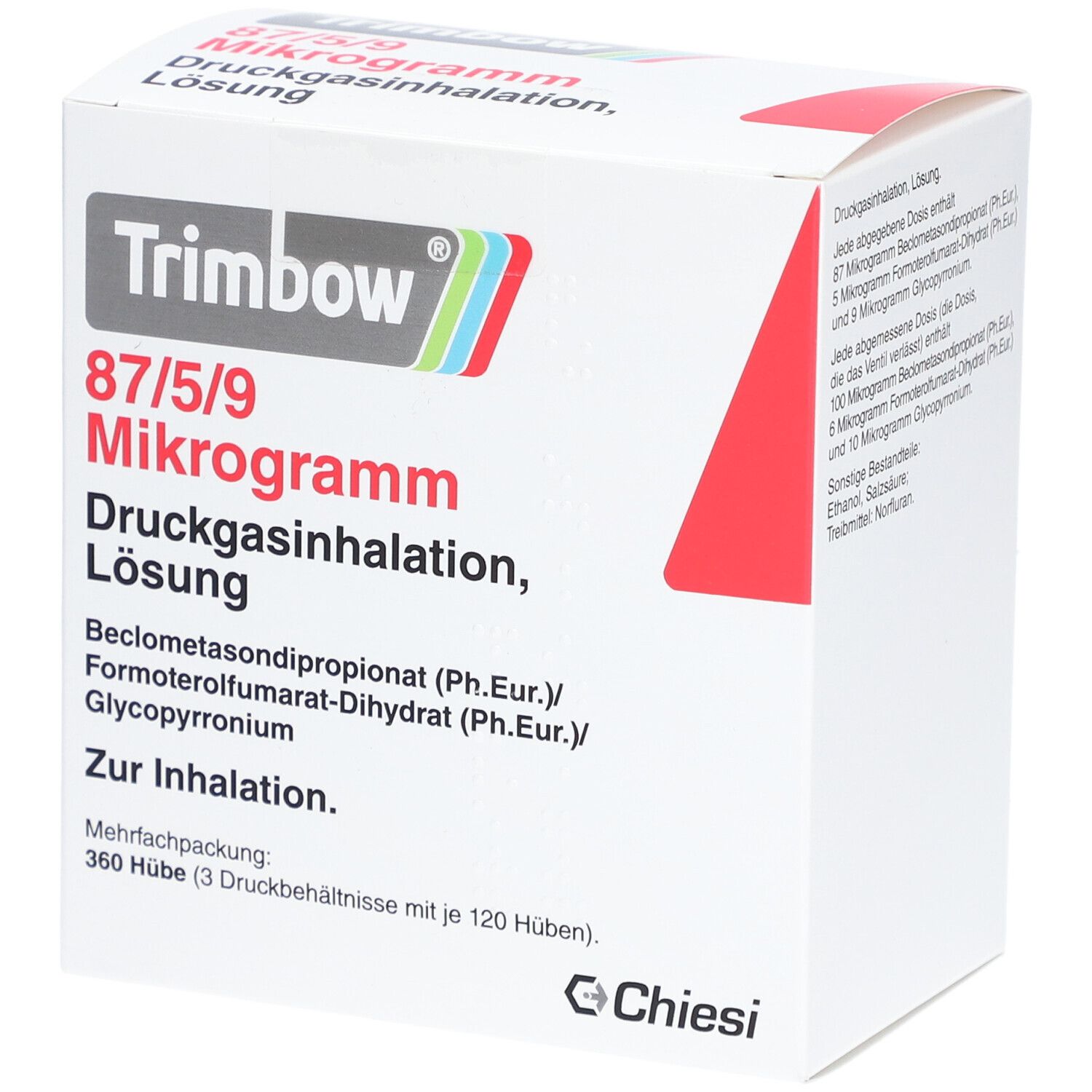 Weiße Schachtel mit rotem Akzent. Aufschrift: Trimbow 87/5/9 Mikrogramm Druckgasinhalation, Lösung. Hersteller: Chiesi.