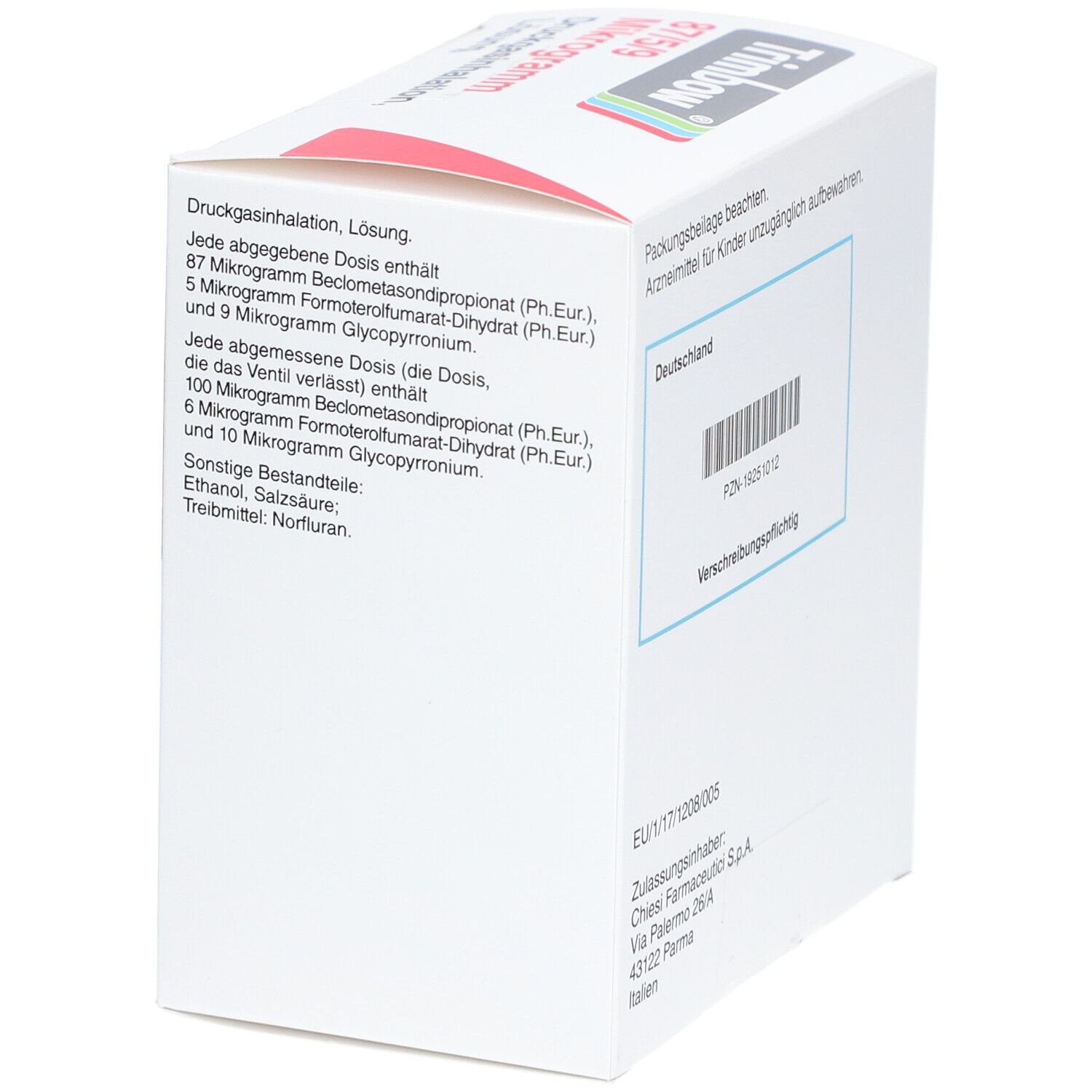 Weiße Schachtel mit rotem Akzent. Aufschrift: Trimbow 87/5/9 Mikrogramm Druckgasinhalation, Lösung. Hersteller: Chiesi.