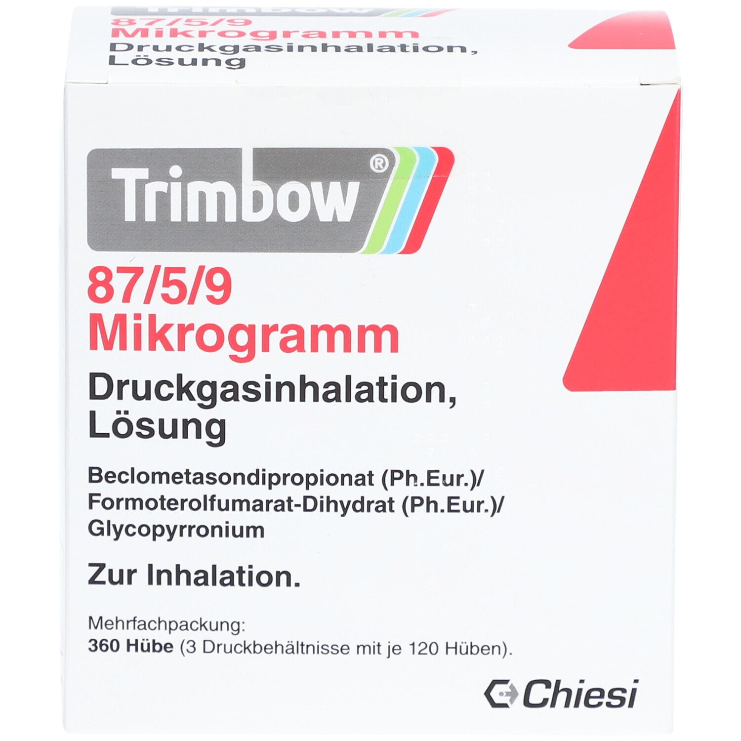 Weiße Schachtel mit rotem Akzent. Aufschrift: Trimbow 87/5/9 Mikrogramm Druckgasinhalation, Lösung. Hersteller: Chiesi.