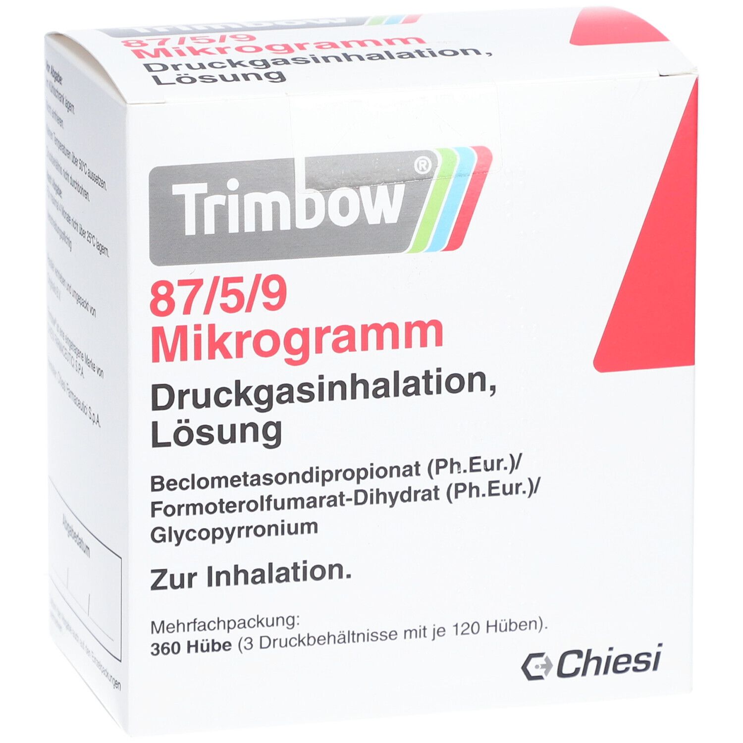 Weiße Schachtel mit rotem Akzent. Aufschrift: Trimbow 87/5/9 Mikrogramm Druckgasinhalation, Lösung. Hersteller: Chiesi.