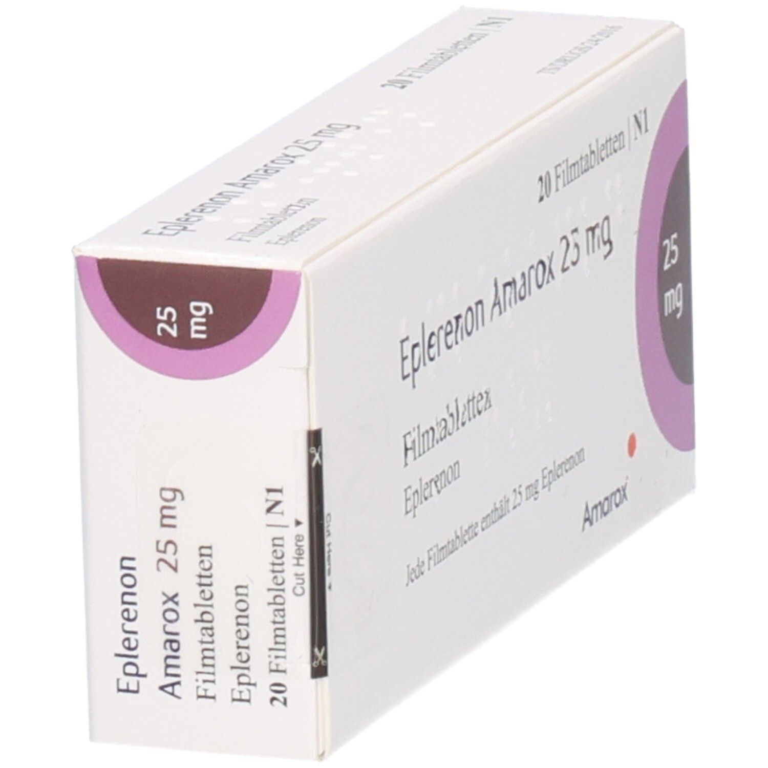 EPLERENON Amarox 25 mg Filmtabletten Schachtel, Seitenansicht.