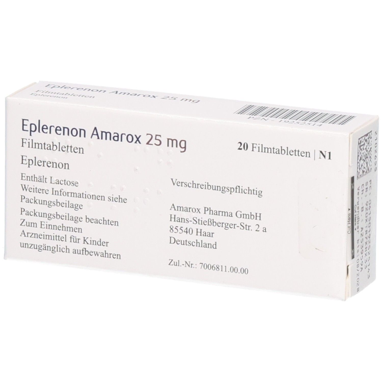 Rückseite der Schachtel EPLERENON Amarox 25 mg Filmtabletten.
