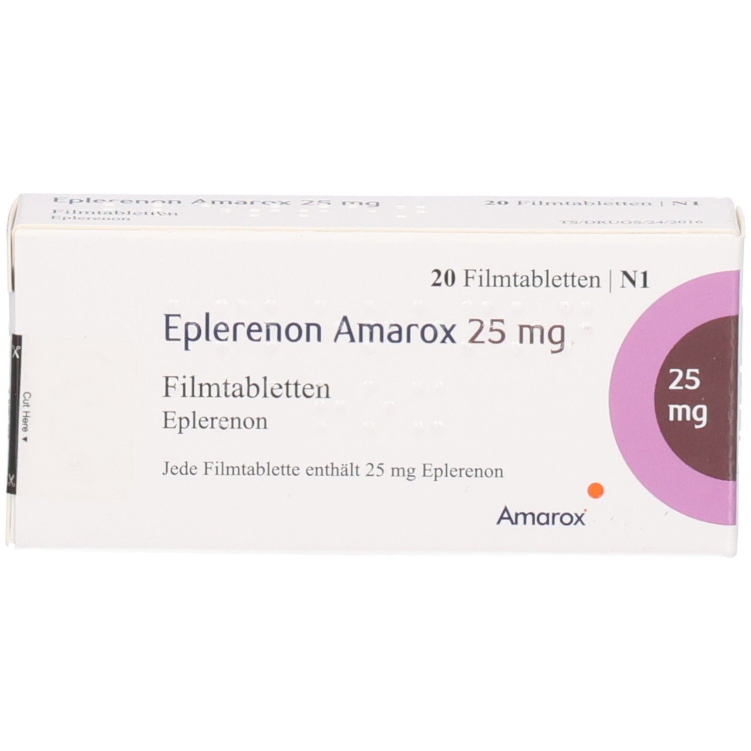 EPLERENON Amarox 25 mg Filmtabletten Schachtel, Vorderseite.