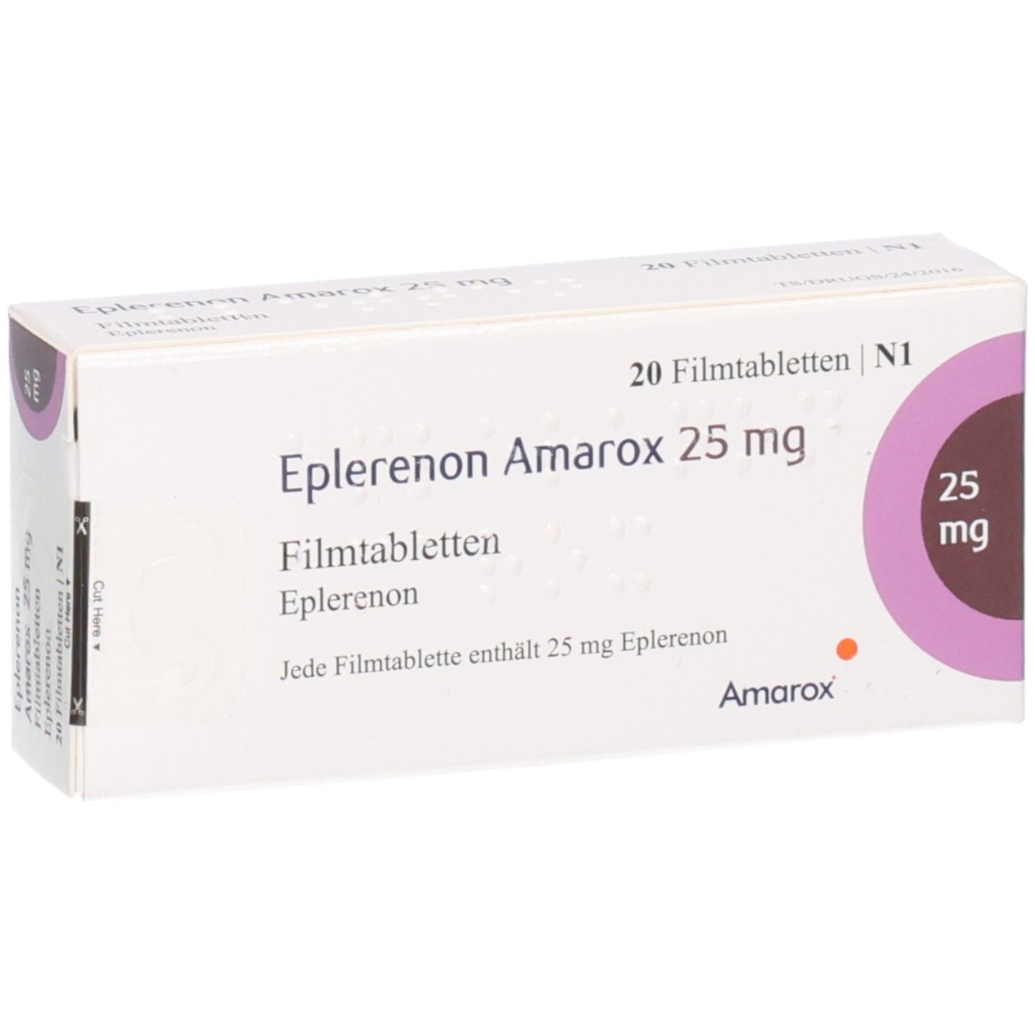 Vorderseite der Schachtel EPLERENON Amarox 25 mg Filmtabletten.