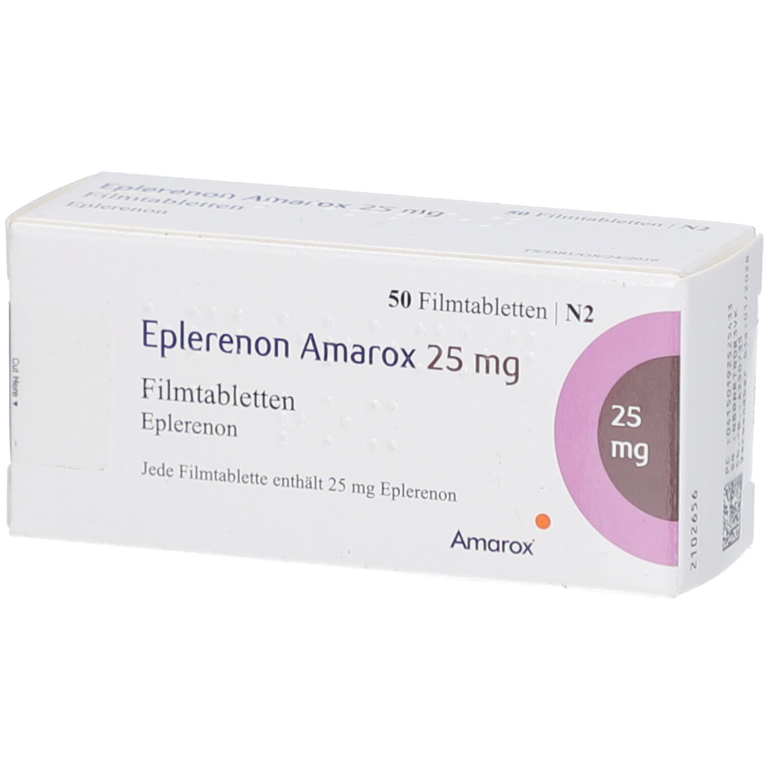 Weiße Schachtel mit Aufschrift 'Eplerenon Amarox 25 mg'. Enthält 50 Filmtabletten. Aufdruck mit Dosierung und Hersteller.