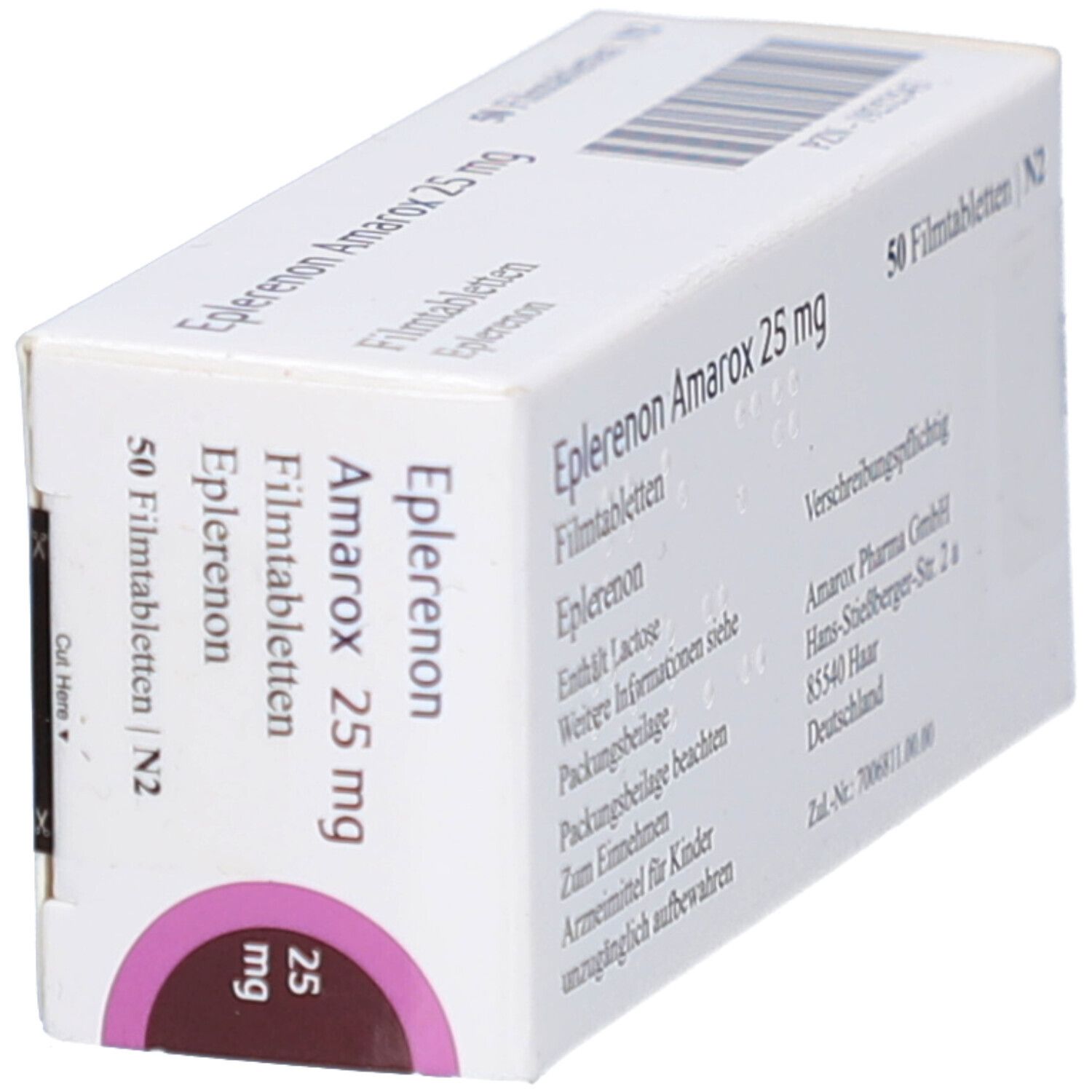 Schachtel 'Eplerenon Amarox 25 mg' in Schrägansicht. Enthält 50 Filmtabletten. Text: 'Verschreibungspflichtig'.