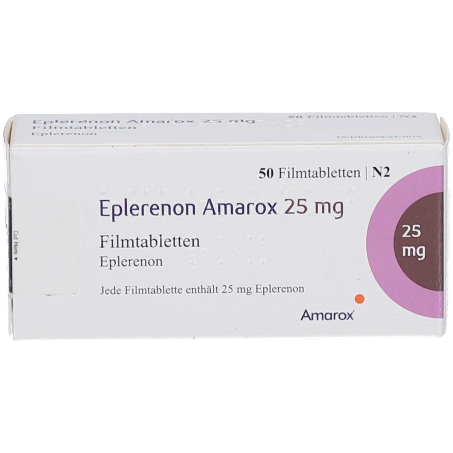 Weiße Schachtel 'Eplerenon Amarox 25 mg'. Enthält 50 Filmtabletten. Aufdruck mit Dosierung und Hersteller.