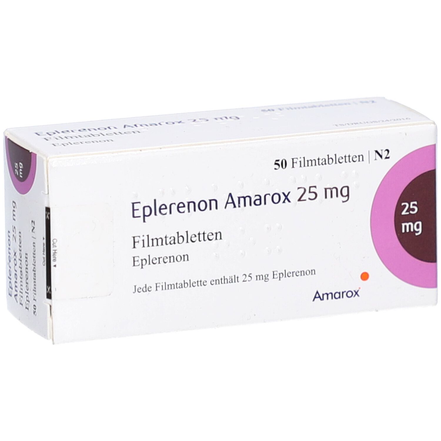 Weiße Schachtel 'Eplerenon Amarox 25 mg'. Enthält 50 Filmtabletten. Aufdruck mit Dosierung und Hersteller.