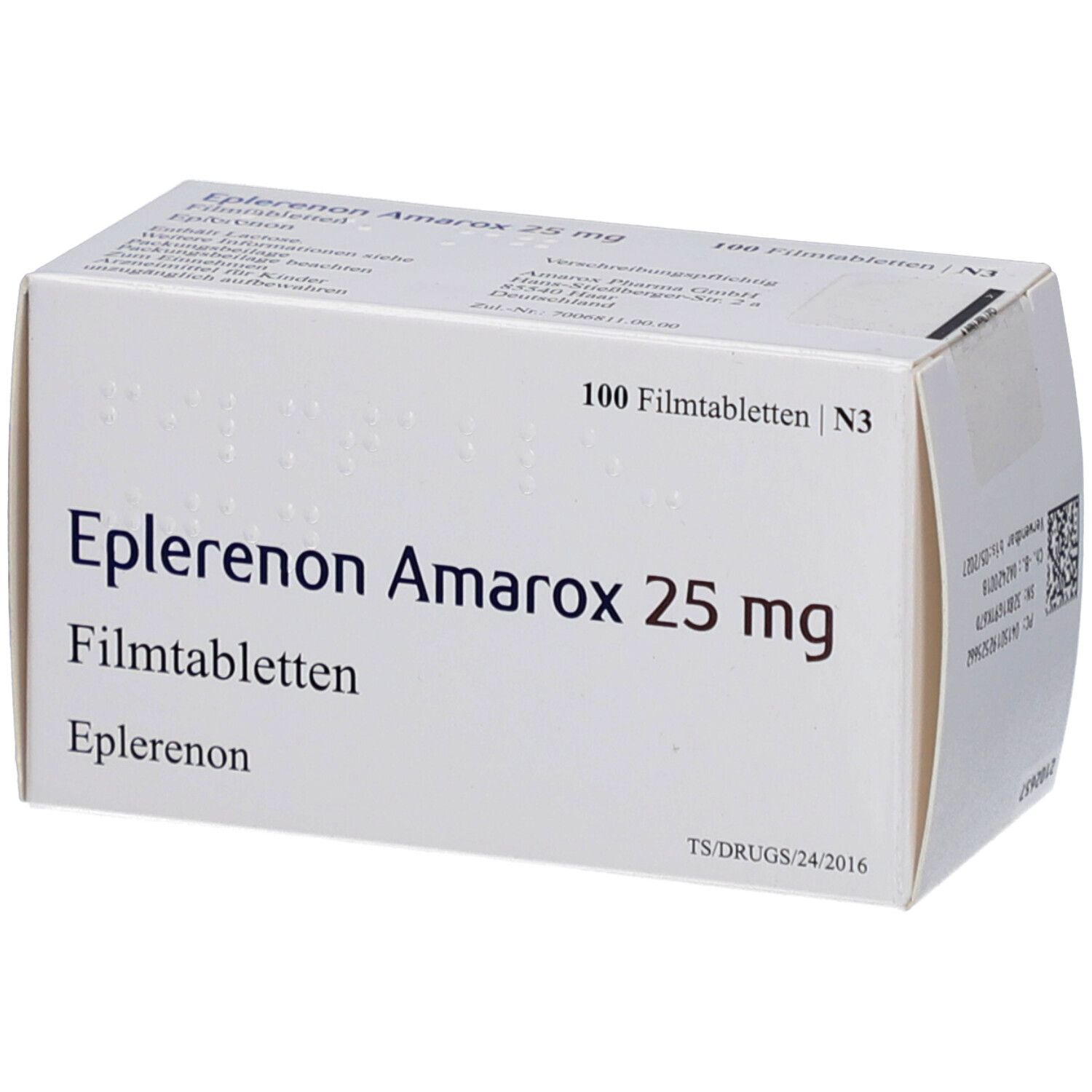 Schachtel mit "Eplerenon Amarox 25 mg Filmtabletten". 100 Tabletten. Weiße Verpackung mit schwarzer Schrift.
