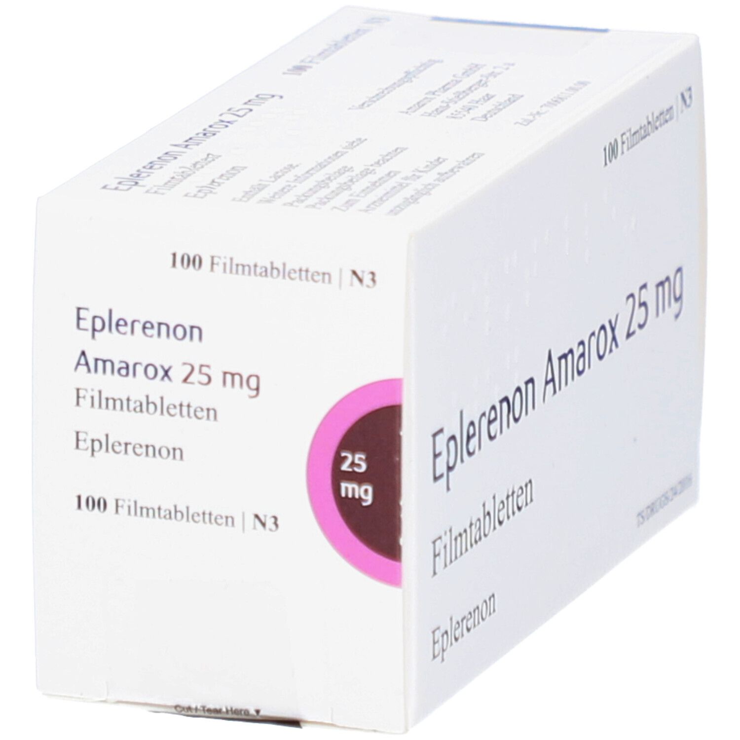 Schachtel "Eplerenon Amarox 25 mg Filmtabletten". 100 Tabletten. Weiße Verpackung mit lila Akzent und schwarzer Schrift.