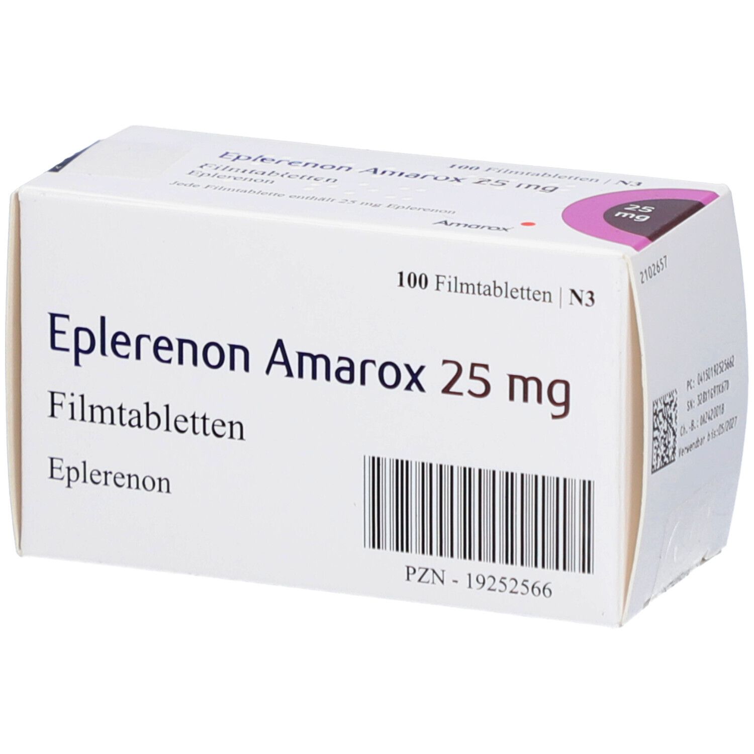 Schachtel "Eplerenon Amarox 25 mg Filmtabletten". 100 Tabletten. Weiße Verpackung mit schwarzer Schrift und Barcode.
