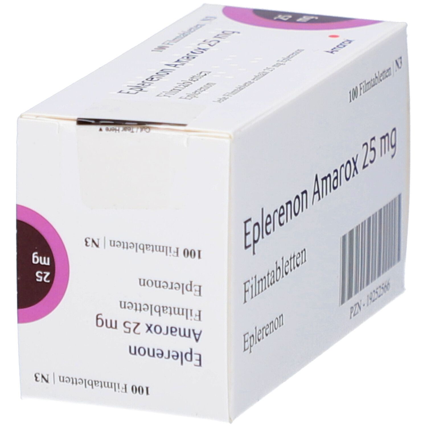 Schachtel "Eplerenon Amarox 25 mg Filmtabletten". 100 Tabletten. Weiße Verpackung mit lila Akzent und Barcode.