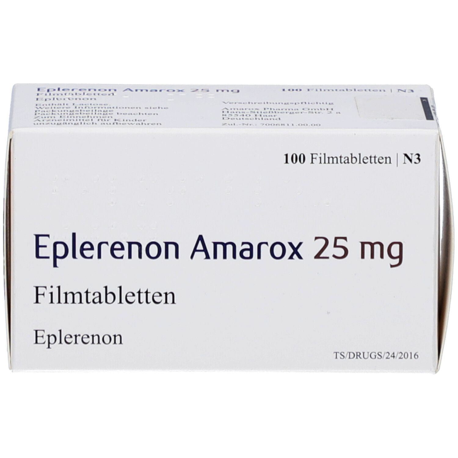 Schachtel "Eplerenon Amarox 25 mg Filmtabletten". 100 Tabletten. Weiße Verpackung mit schwarzer Schrift.