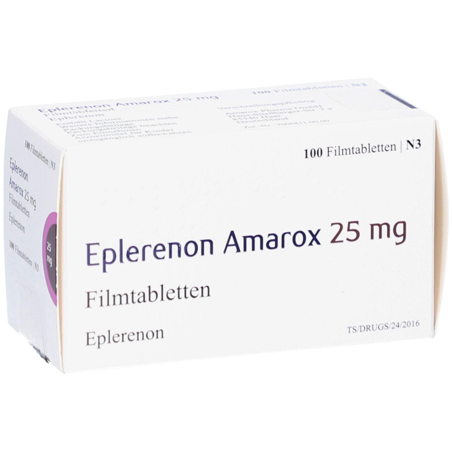 Schachtel "Eplerenon Amarox 25 mg Filmtabletten". 100 Tabletten. Weiße Verpackung mit lila Akzent und schwarzer Schrift.