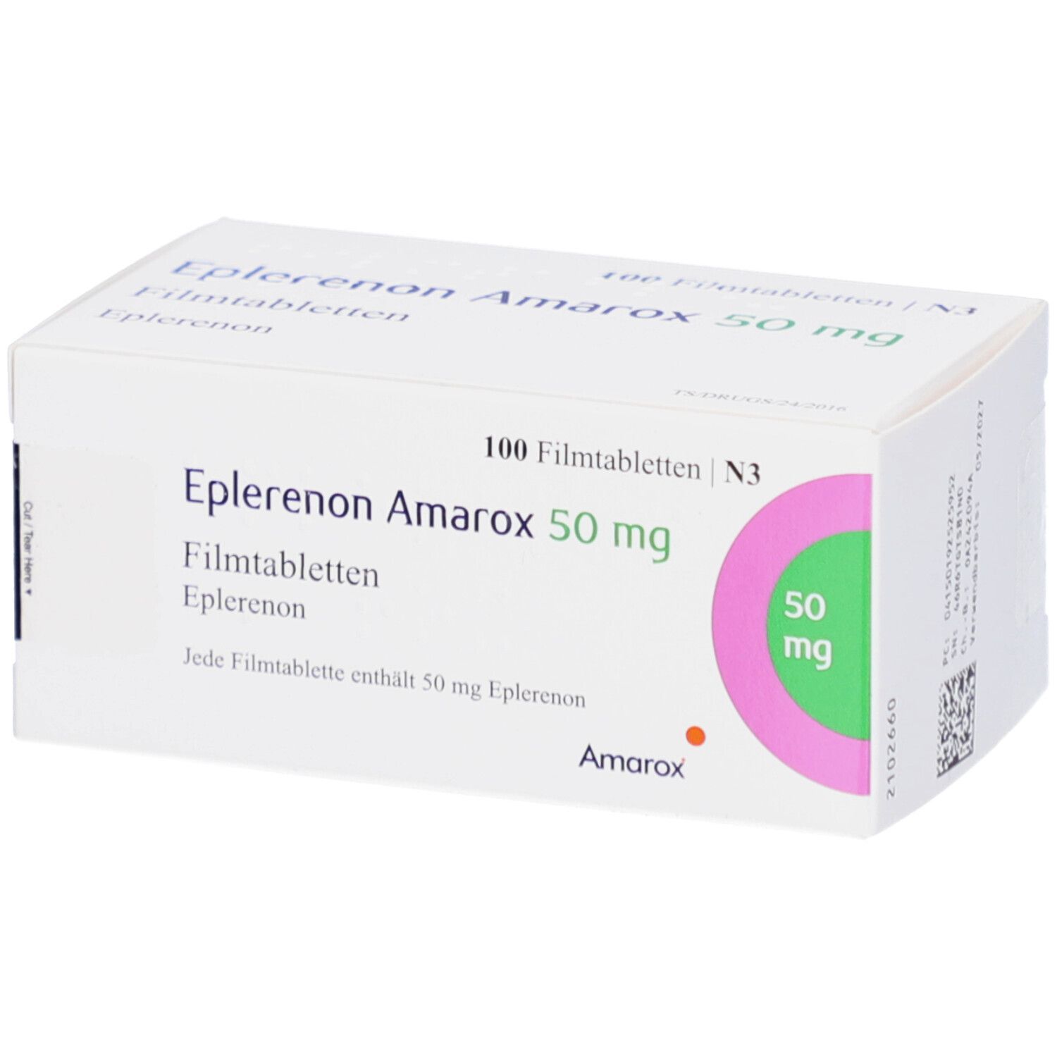 Schachtel mit EPLERENON Amarox 50 mg Filmtabletten. Aufschrift: 100 Filmtabletten, 50 mg. Marke Amarox.