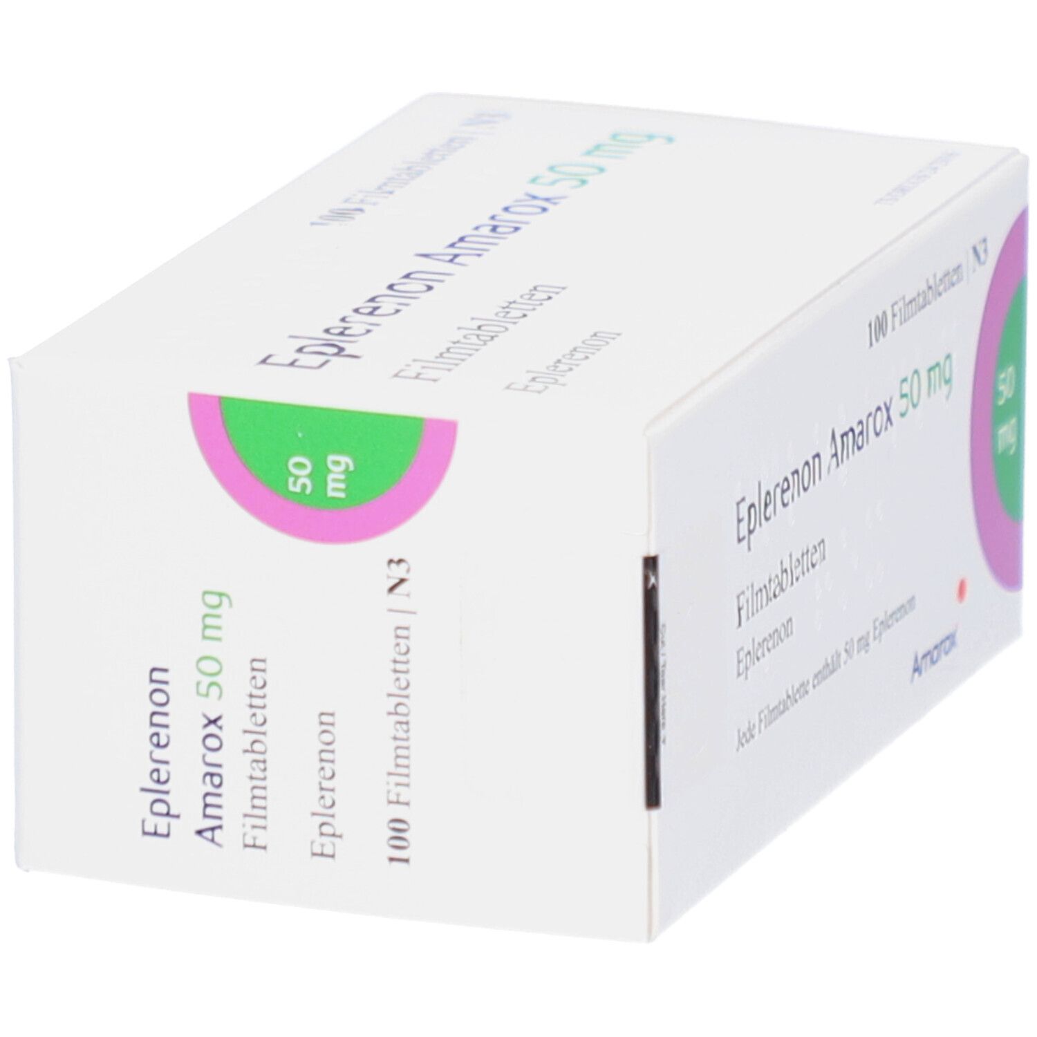 Schachtel mit EPLERENON Amarox 50 mg Filmtabletten. Aufschrift: 100 Filmtabletten, 50 mg. Marke Amarox.