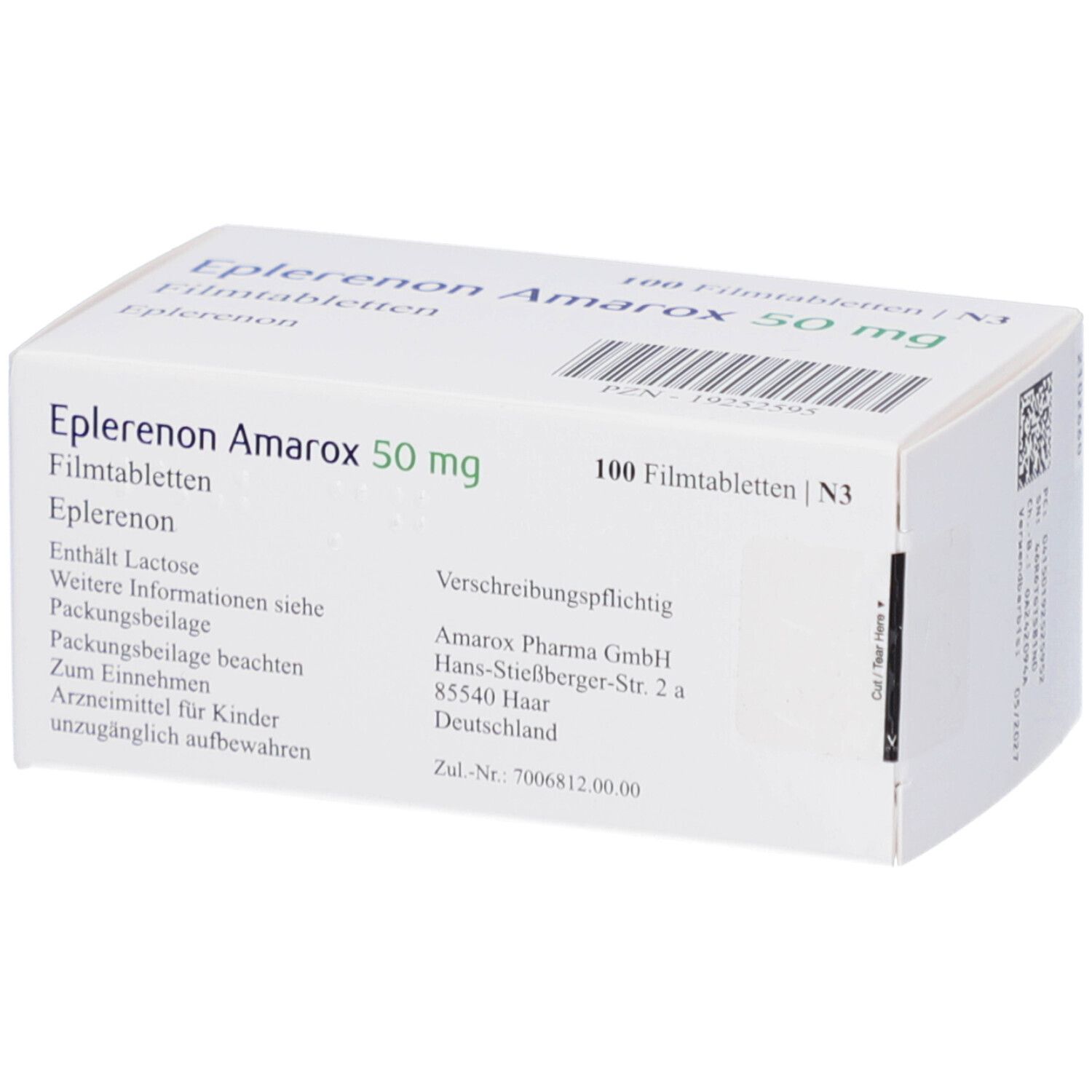Schachtel mit EPLERENON Amarox 50 mg Filmtabletten. Aufschrift: 100 Filmtabletten, 50 mg. Marke Amarox.