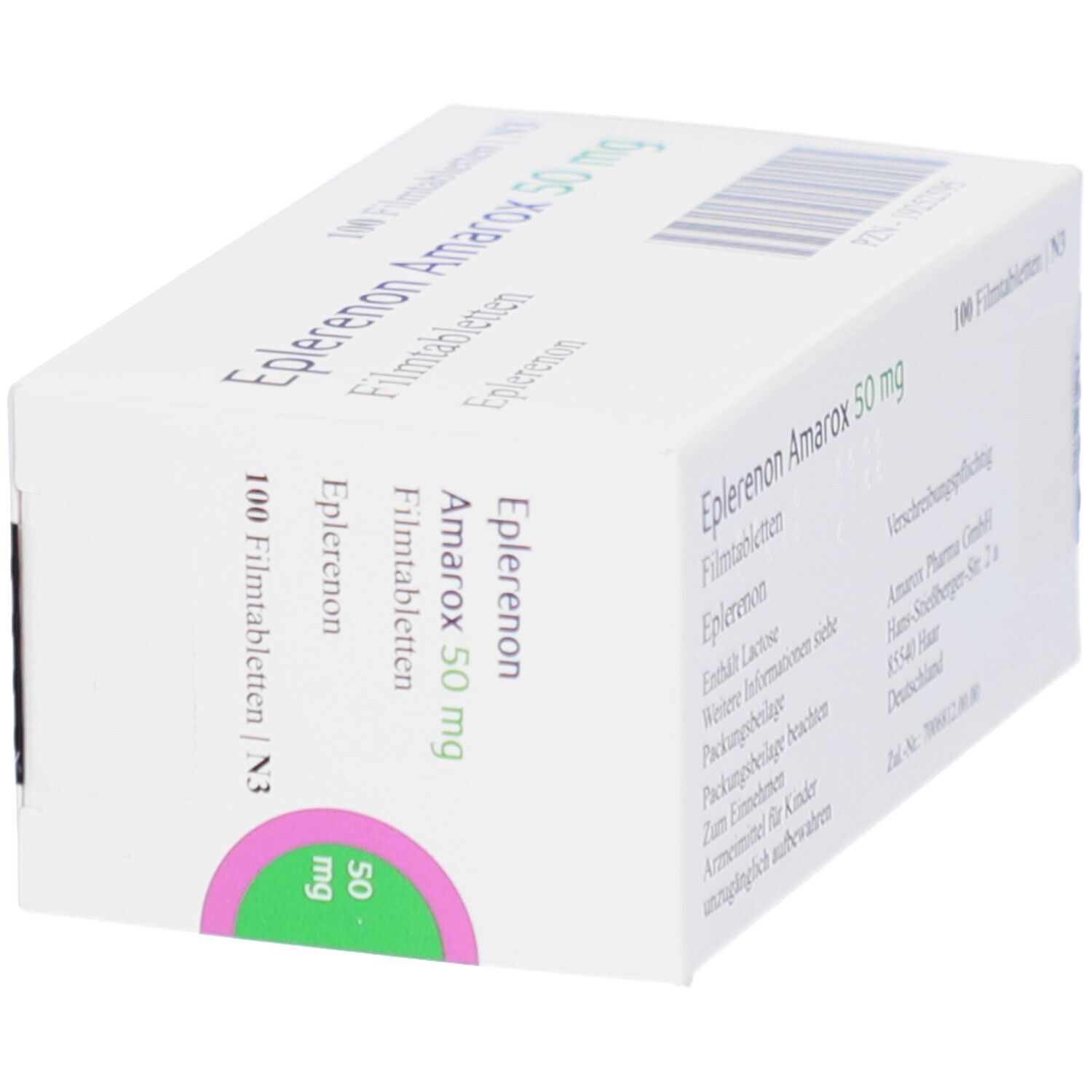 Schachtel mit EPLERENON Amarox 50 mg Filmtabletten. Aufschrift: 100 Filmtabletten, 50 mg. Marke Amarox.