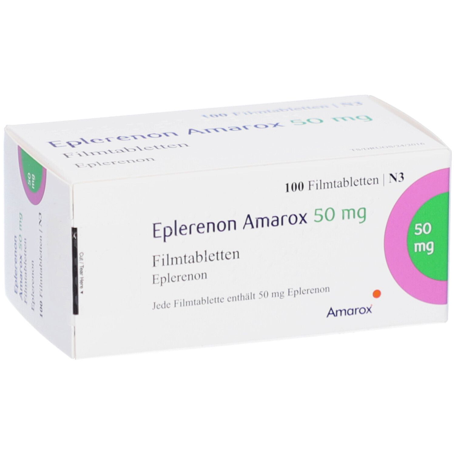 Schachtel mit EPLERENON Amarox 50 mg Filmtabletten. Aufschrift: 100 Filmtabletten, 50 mg. Marke Amarox.