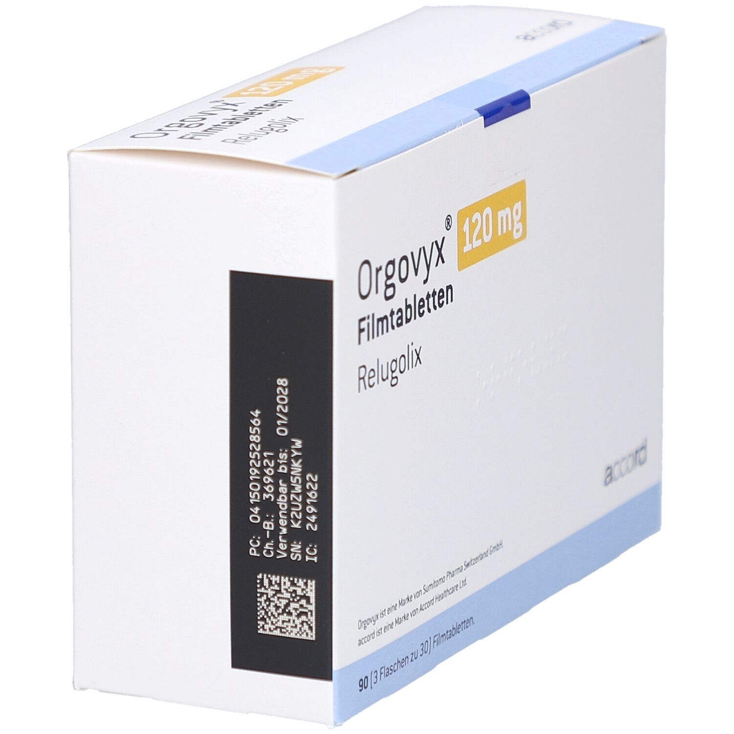 Schachtel "Orgovyx 120 mg Filmtabletten". Weiß, gelb und blau. "Accord"-Logo. Barcode und Chargennummer.