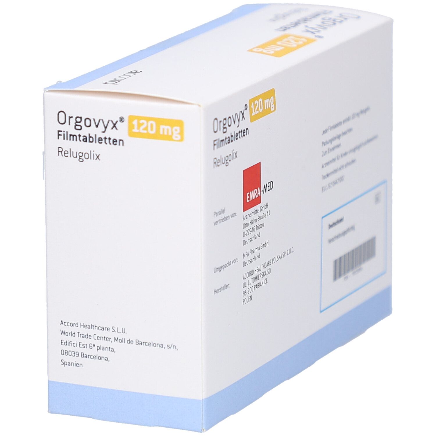 Schachtel "Orgovyx 120 mg Filmtabletten". Weiß, gelb und blau. "Accord"-Logo. Text und Barcode.