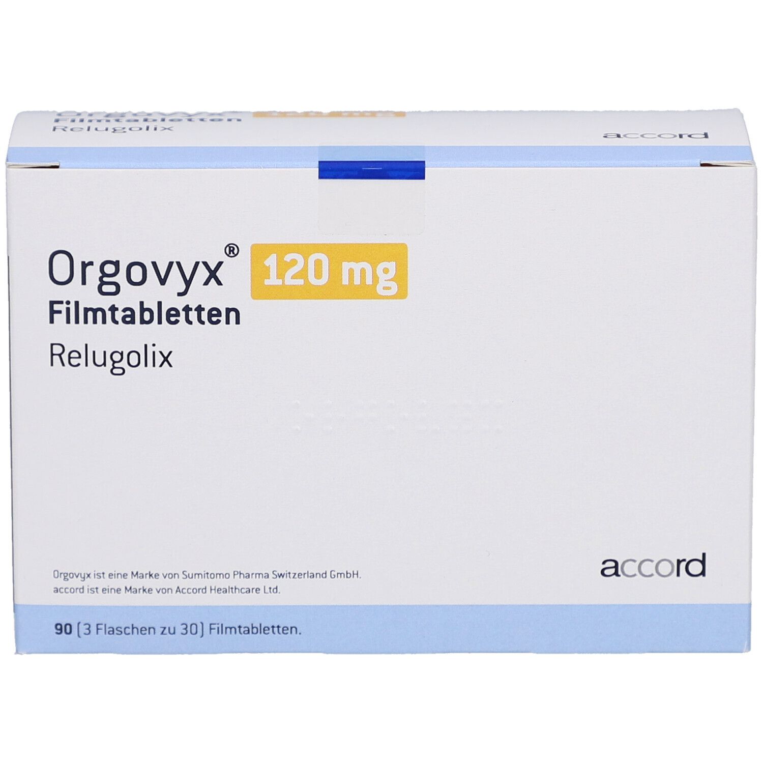 Schachtel "Orgovyx 120 mg Filmtabletten". Weiß, gelb und blau. "Accord"-Logo. 90 Tabletten.