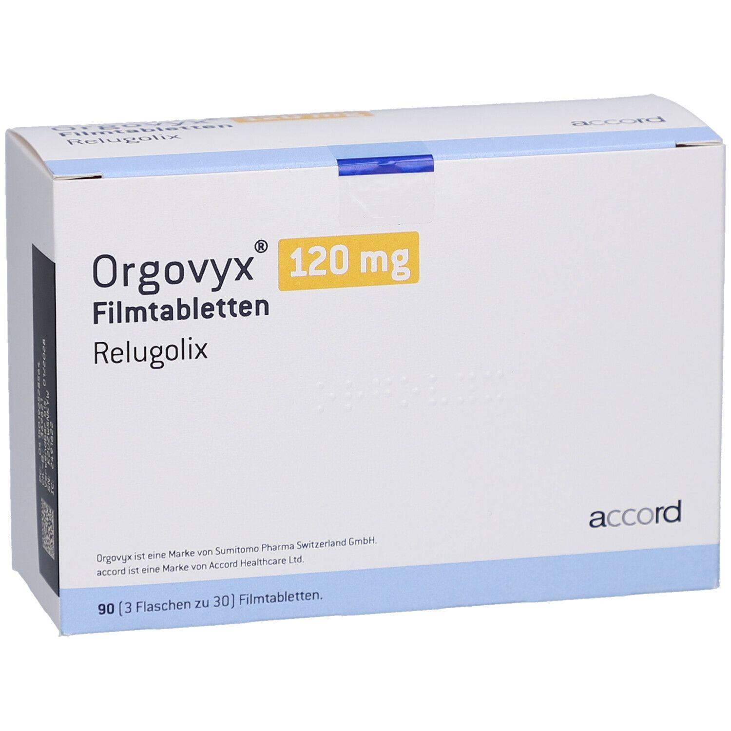 Schachtel "Orgovyx 120 mg Filmtabletten". Weiß, gelb und blau. "Accord"-Logo. 90 Tabletten.