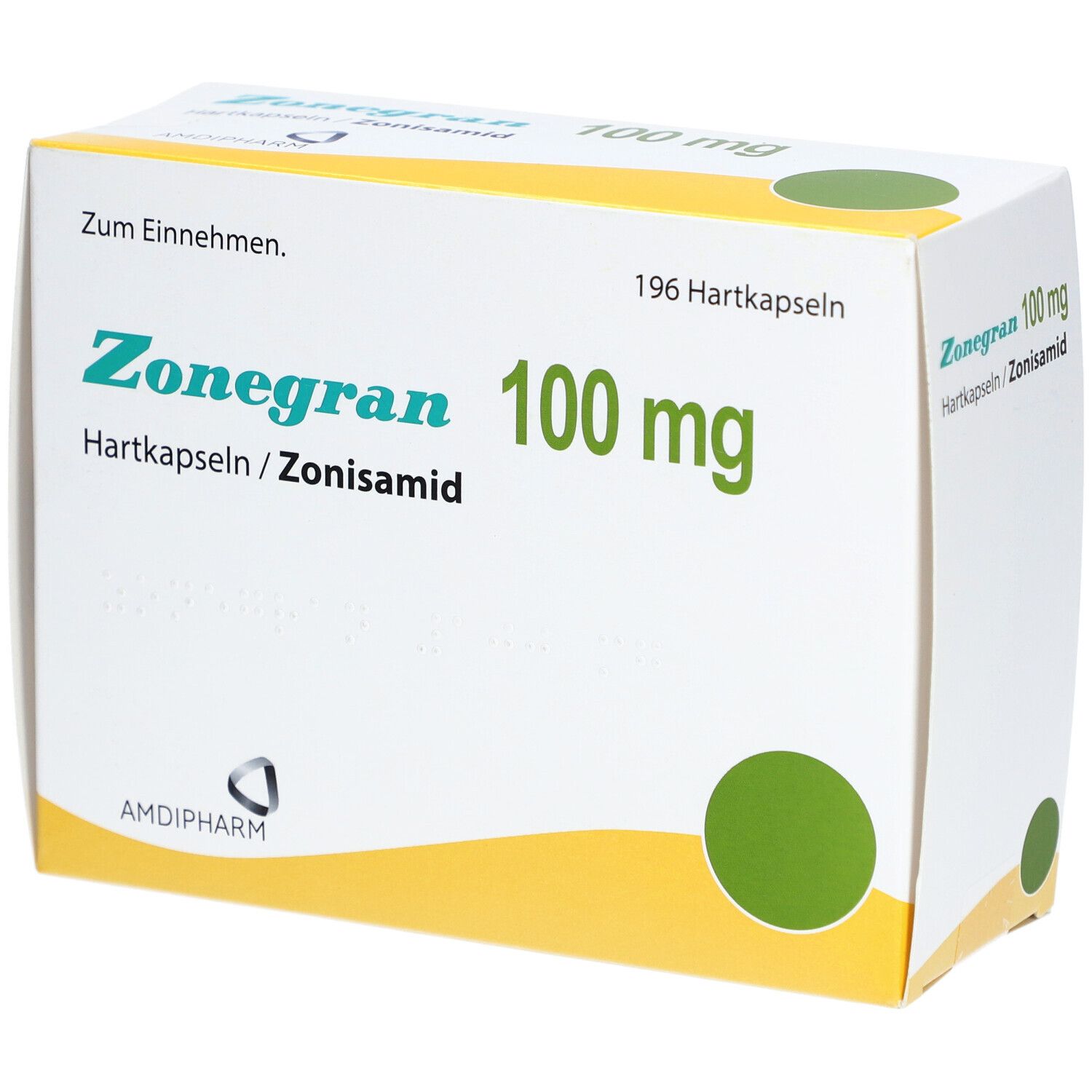 Weiße Faltschachtel mit grünen Kreisen. Aufschrift: Zonegran 100 mg, Hartkapseln/Zonisamid. Amdipharm Logo.