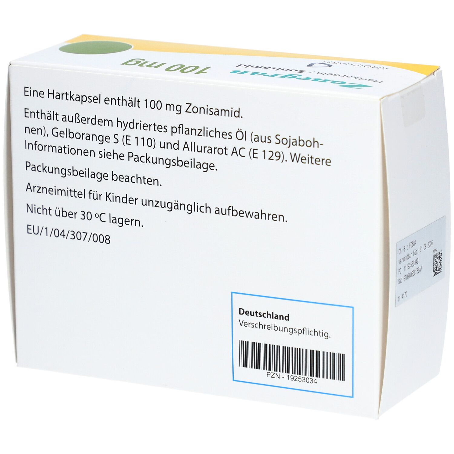 Rückseite der weißen Faltschachtel. Text: Enthält 100 mg Zonisamid. Text und Barcode. Hergestellt in Deutschland.
