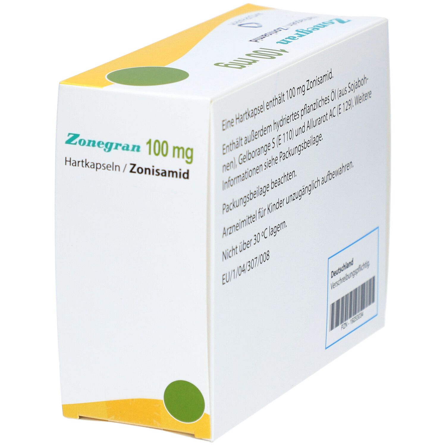 Weiße Faltschachtel mit grünen Kreisen. Aufschrift: Zonegran 100 mg, Hartkapseln/Zonisamid. Text und Barcode.