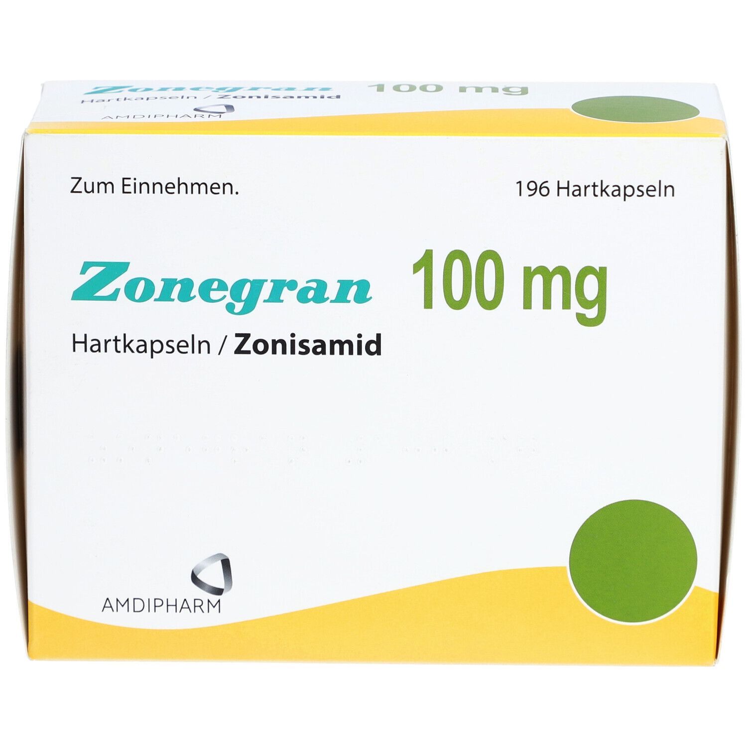 Weiße Faltschachtel mit grünen Kreisen. Aufschrift: Zonegran 100 mg, Hartkapseln/Zonisamid. 196 Hartkapseln.