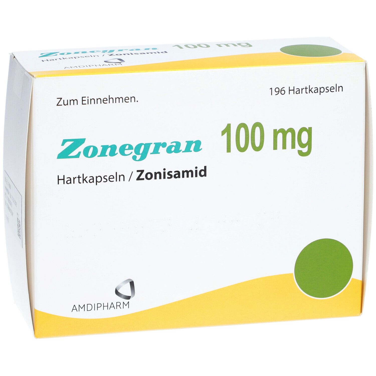 Weiße Faltschachtel mit grünen Kreisen. Aufschrift: Zonegran 100 mg, Hartkapseln/Zonisamid. Amdipharm Logo. 196 Hartkapseln.