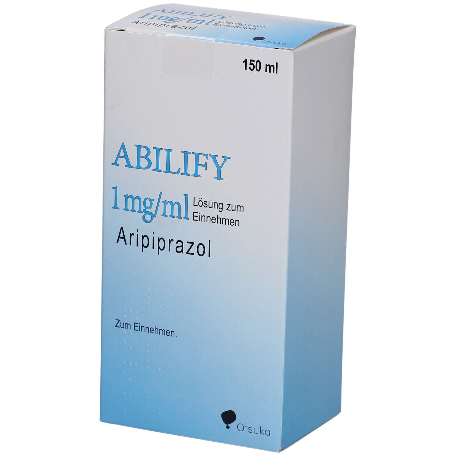 Schachtel ABILIFY 1 mg/ml Lösung zum Einnehmen. Blaue Schrift auf weißem Grund. 150 ml.